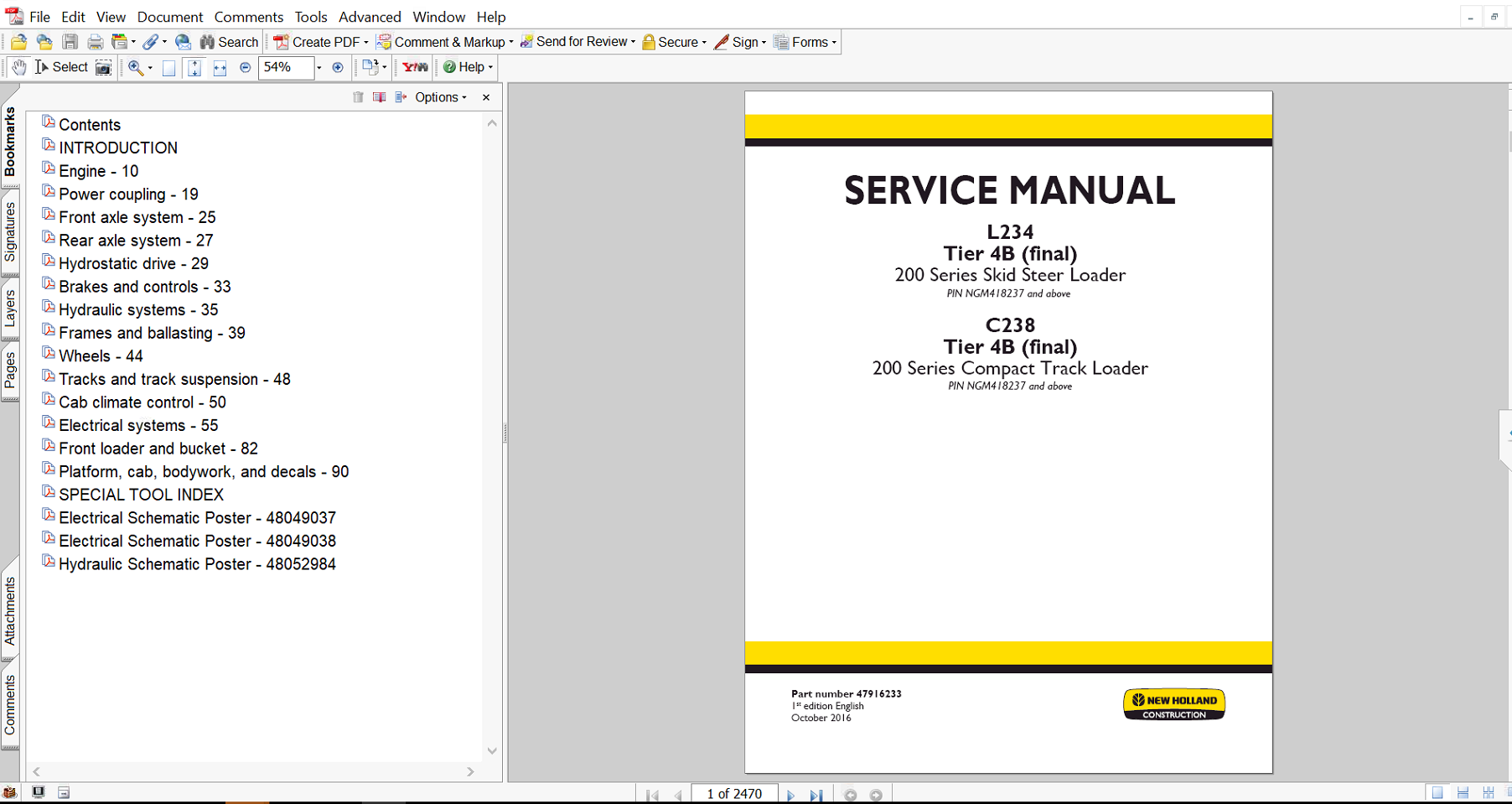 Service repair manual for New Holland L234 Skid Steer, showcasing detailed diagrams and maintenance instructions