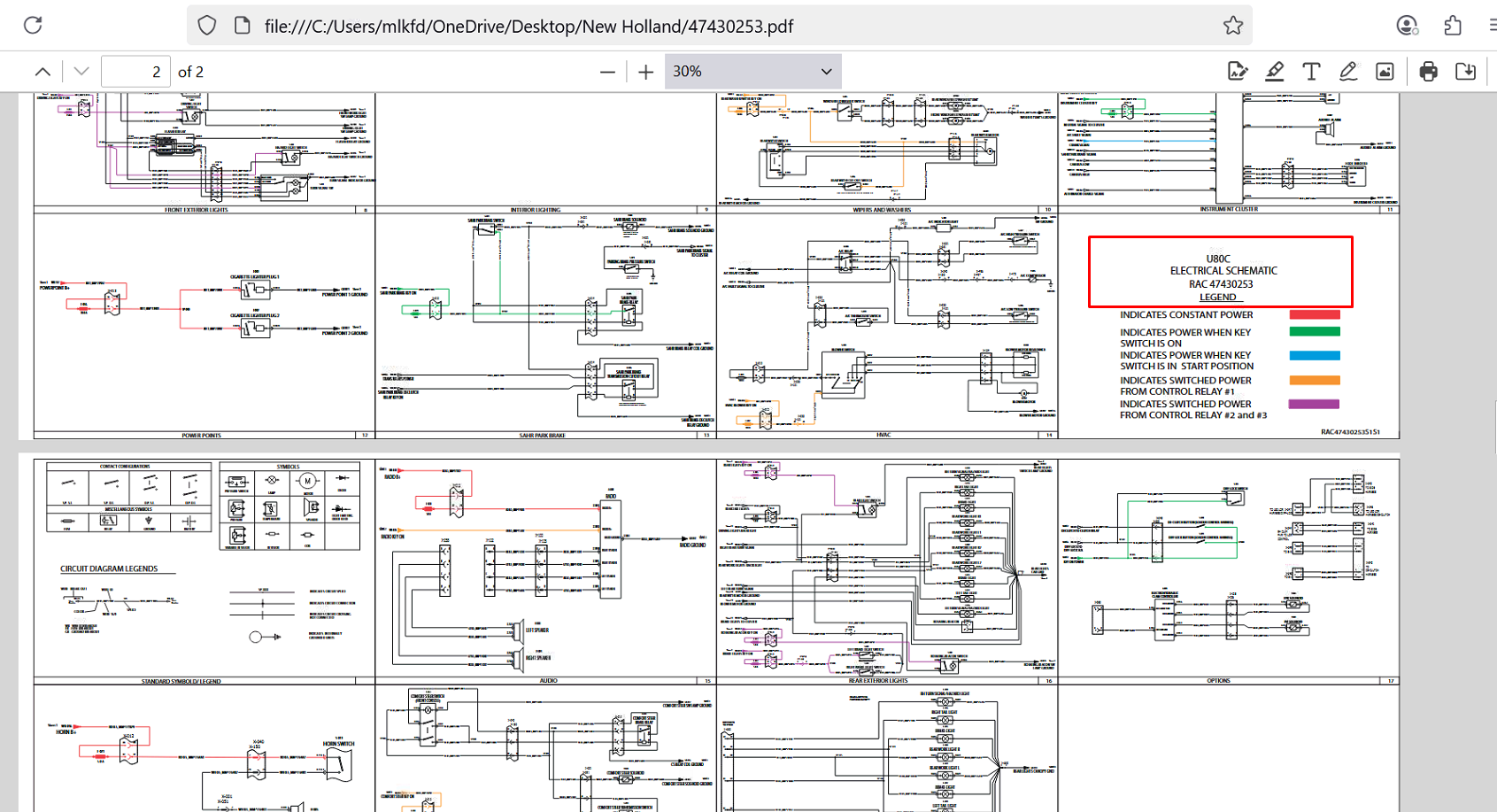 Electrical diagram of a New Holland U80C Loader, detailing wiring and component connections for maintenance and troubleshooting