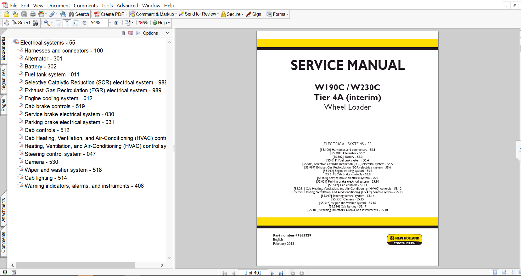 Service Repair Manual for New Holland W190C Wheel Loader Electrical Systems