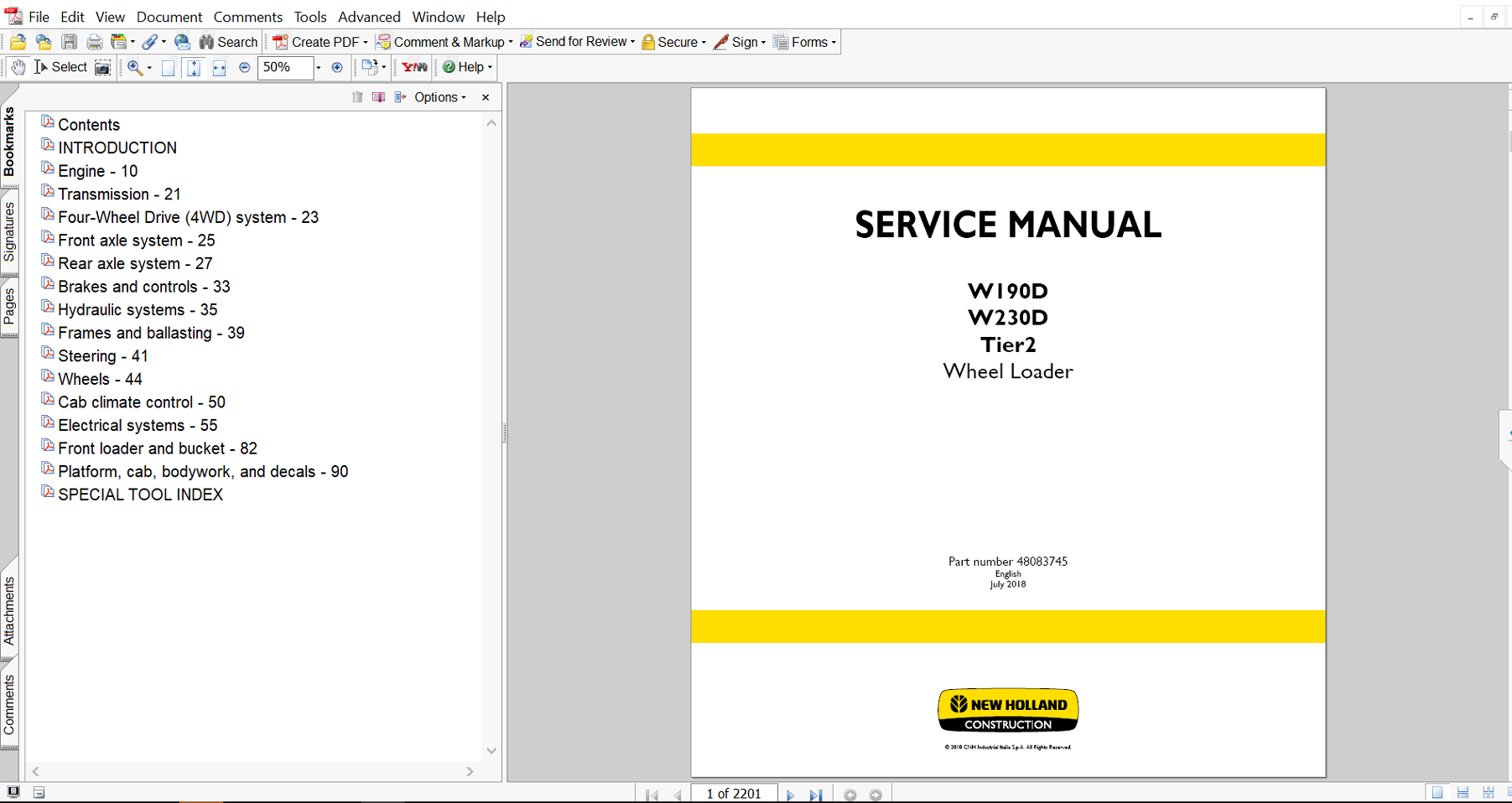 Service Repair Manual for New Holland W190D Wheel Loader, highlighting repair procedures and technical illustrations
