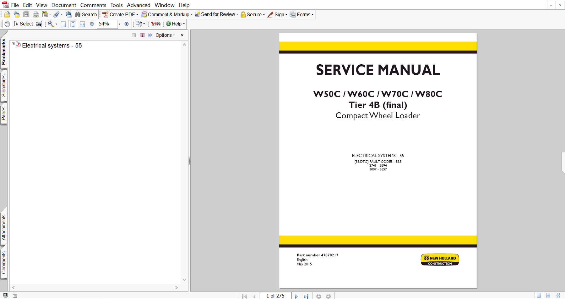 New Holland W50C Wheel Loader service manual cover for electrical systems, featuring detailed repair instructions and diagrams