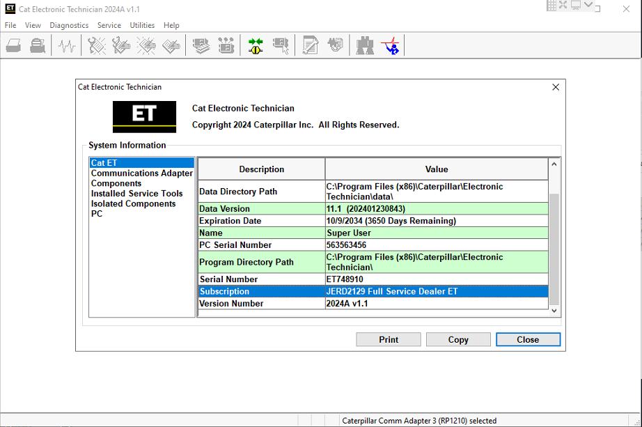 Screenshot of Caterpillar Electronic Technician ET2024A software showing diagnostic tools and vehicle performance data