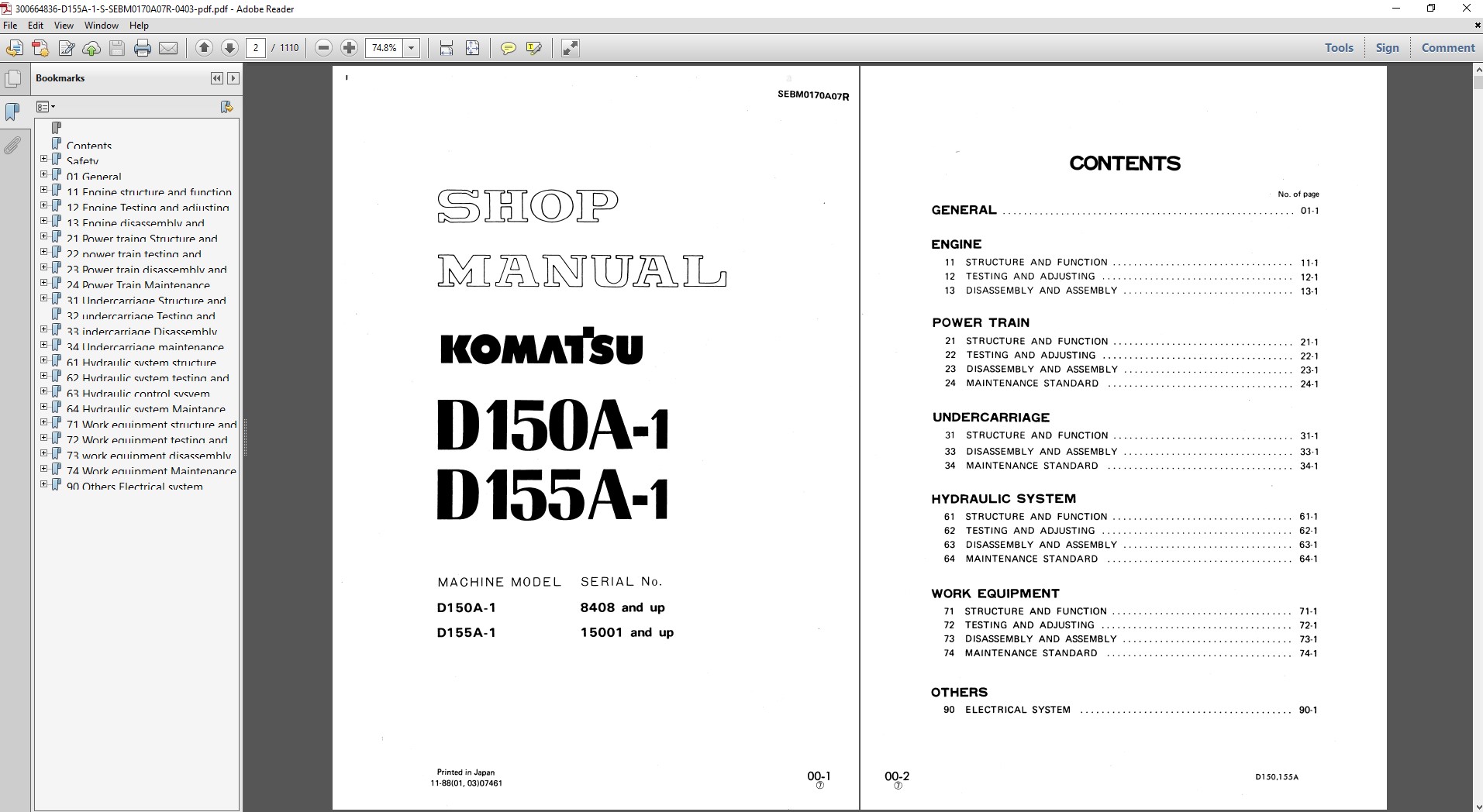 Workshop repair manual for the Komatsu D155A-1 Bulldozer, displaying essential maintenance and troubleshooting information
