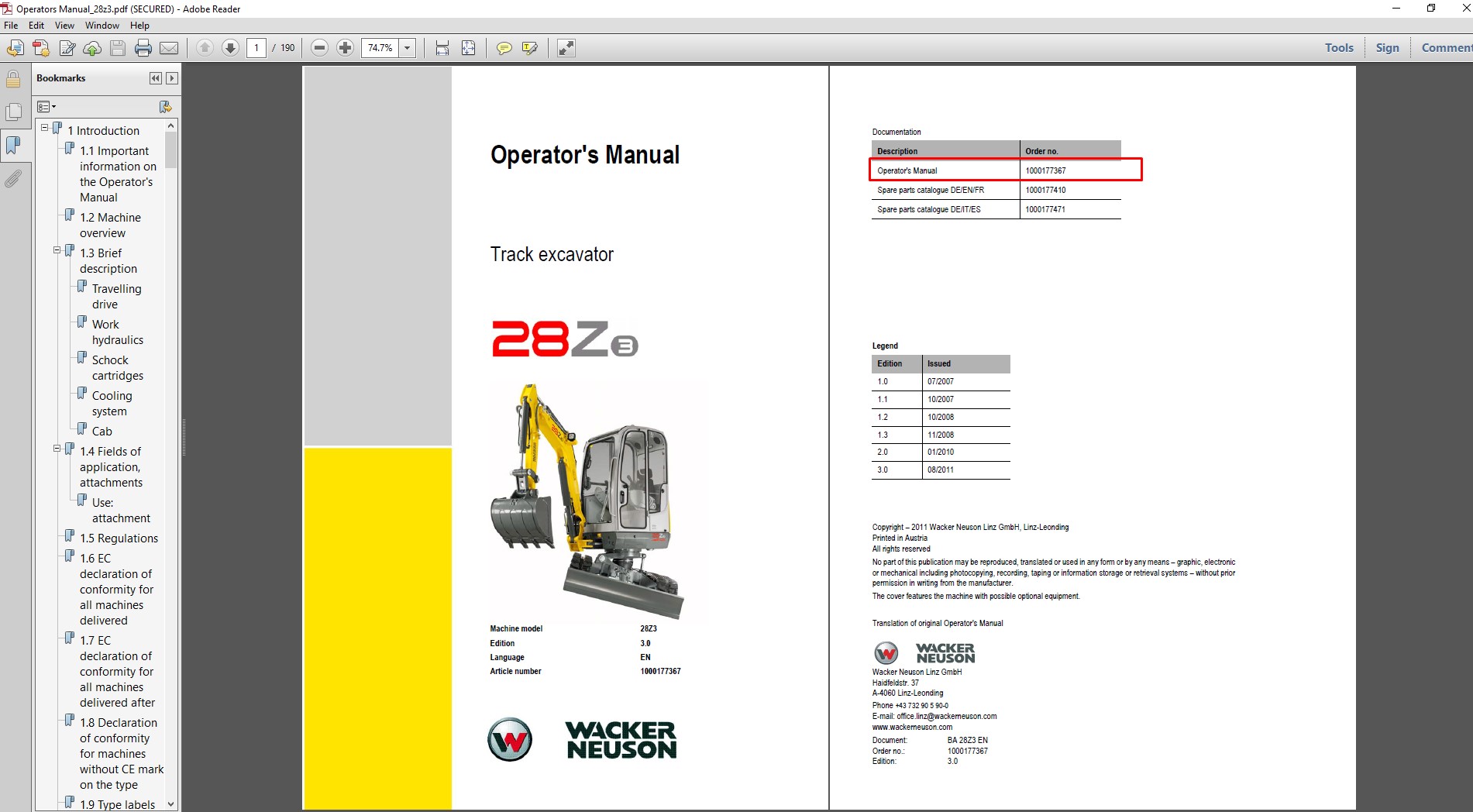 Wacker Neuson 28z3 Excavator Operator's Manual, showcasing the model name and a detailed graphic of the excavator's features