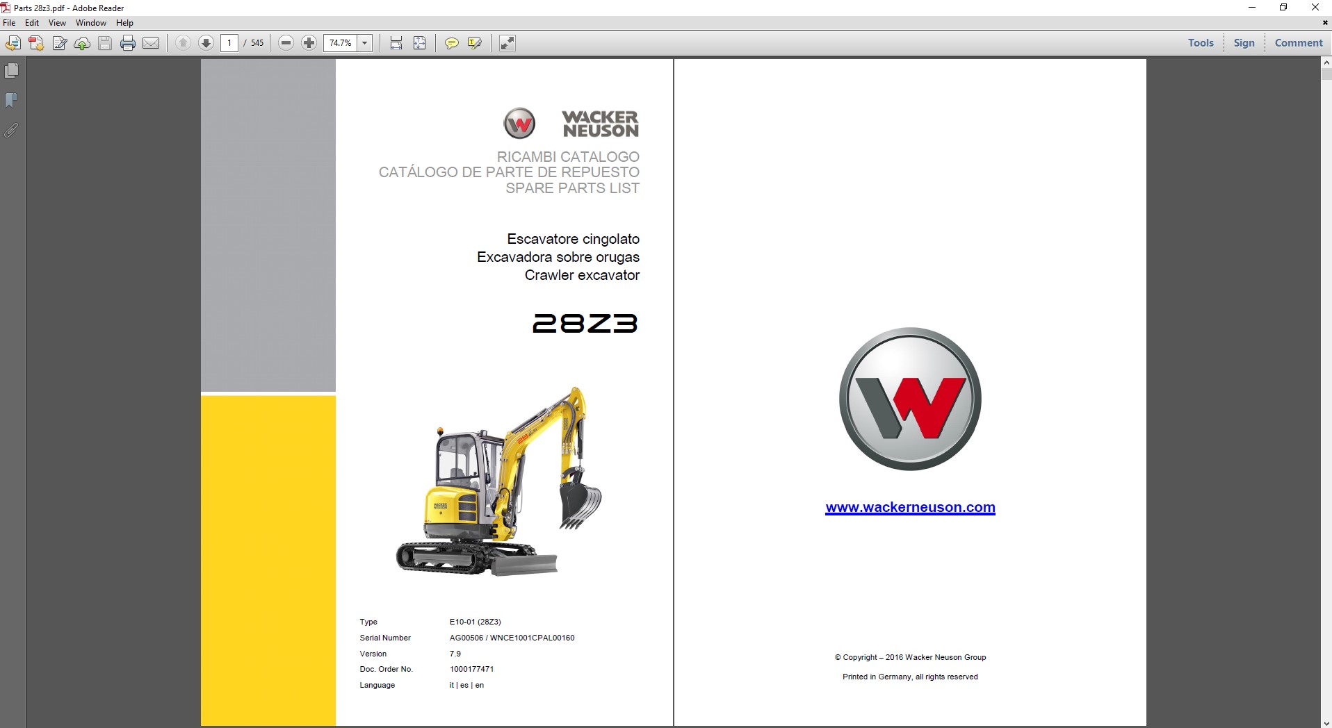 Wacker Neuson 28z3 Excavator Parts Manual with a visual of the excavator and a comprehensive parts breakdown