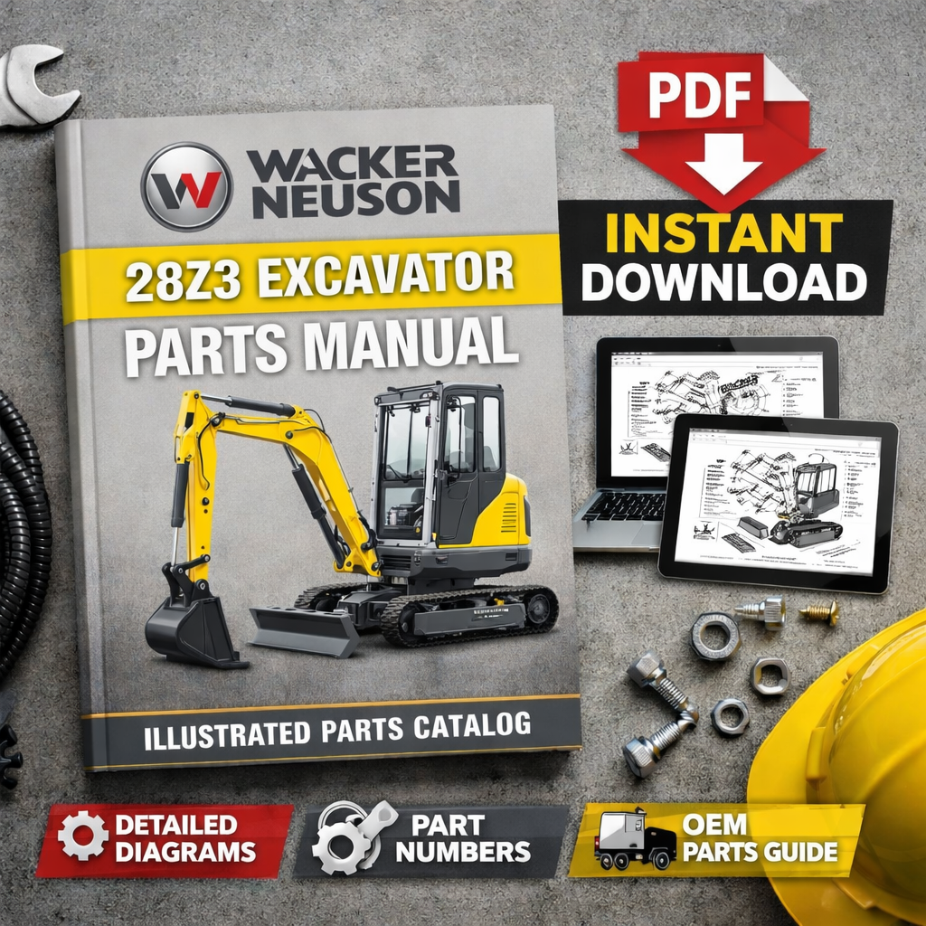 Parts manual for Wacker Neuson 28z3 Excavator, displaying an image of the excavator and detailed parts information