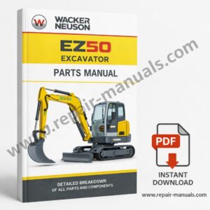 Parts manual for Wacker Neuson EZ50 Excavator, displaying an image of the excavator and detailed parts information