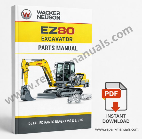 Parts manual for Wacker Neuson EZ80 Excavator, displaying the excavator image and title prominently on the cover
