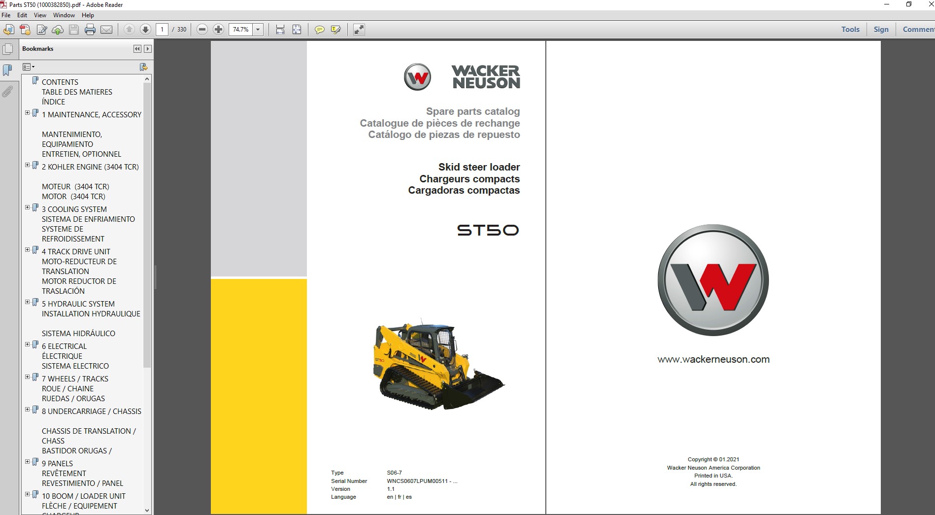 Wacker Neuson ST50 Skid Steer Parts Manual, showcasing detailed images and specifications for various components