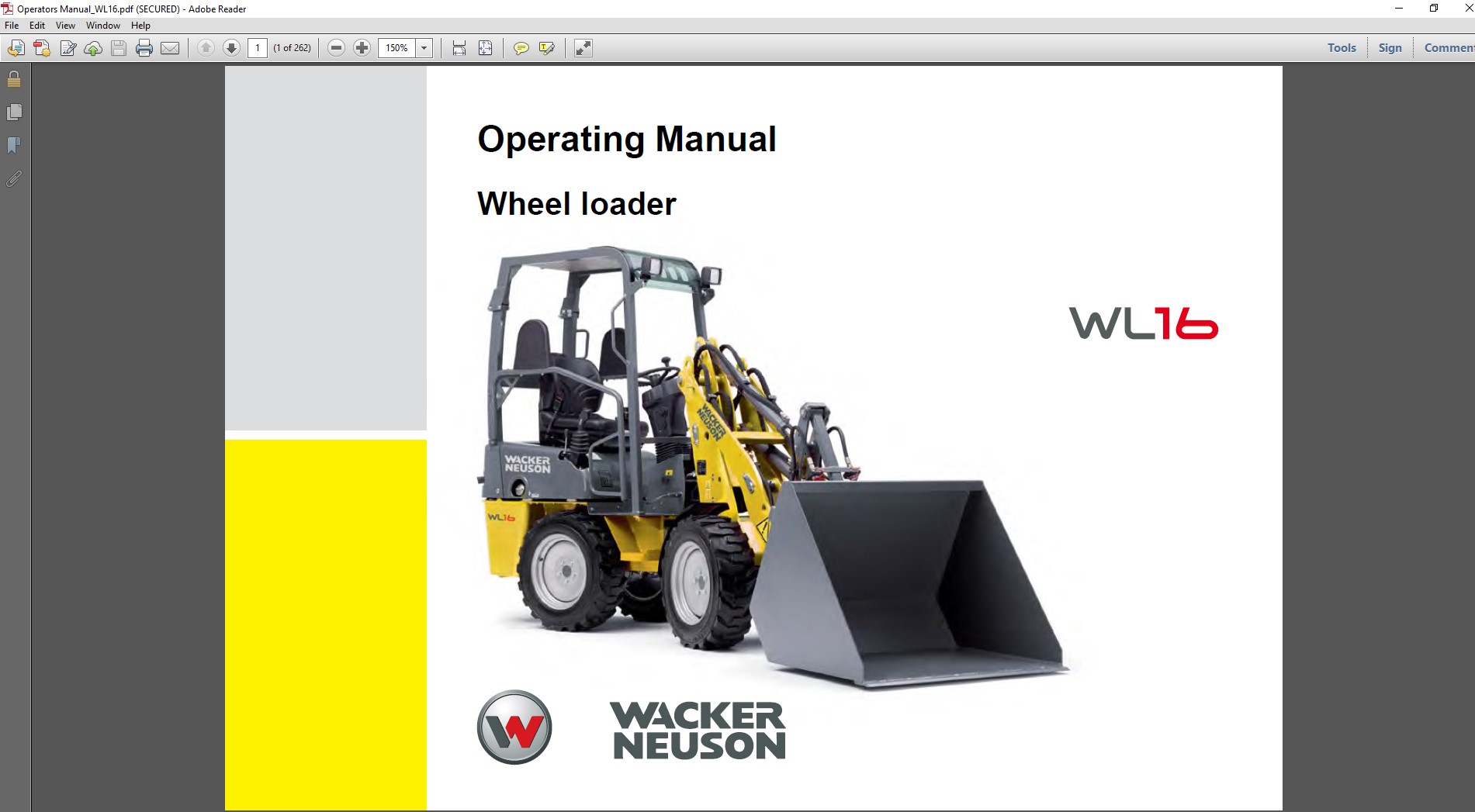 Wacker Neuson WL16 Wheel Loader manual cover, illustrating the loader and essential operating procedures