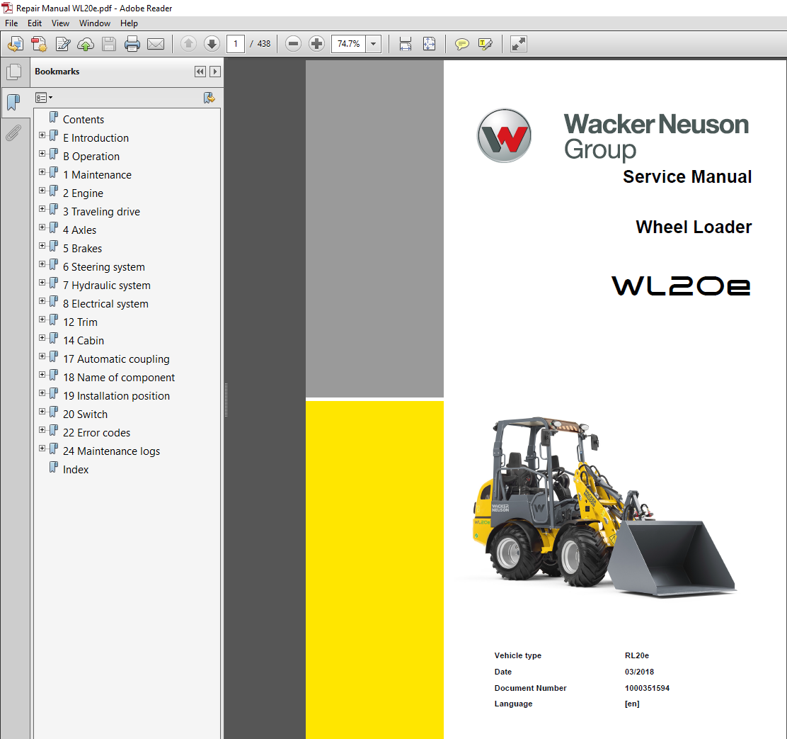 Wacker Neuson WL20e Wheel Loader Service Repair Manual cover featuring the loader and technical illustrations