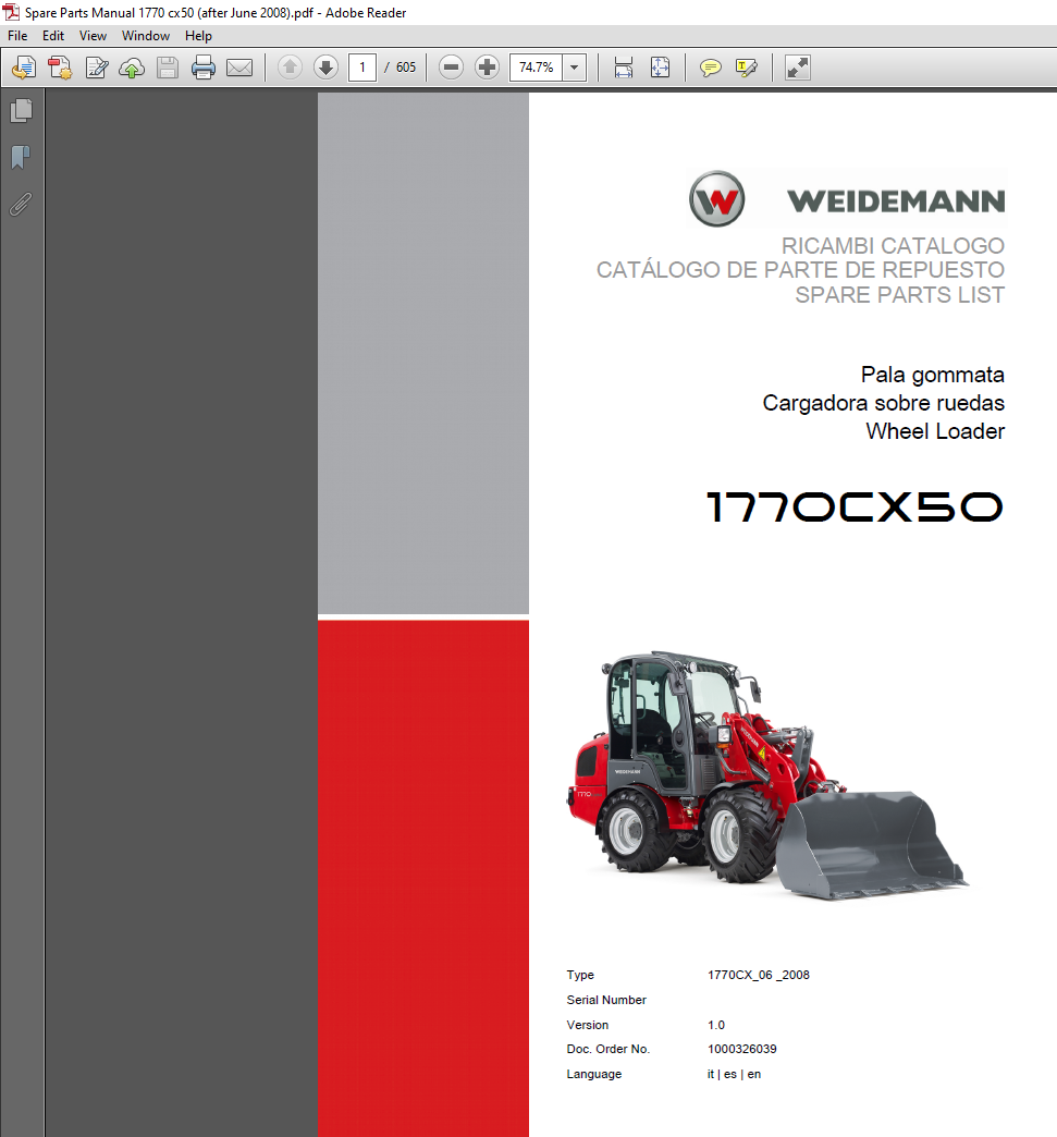 Wacker Neuson Weidemann 1770 CX50 Wheel Loader parts manual, providing essential information on parts and maintenance
