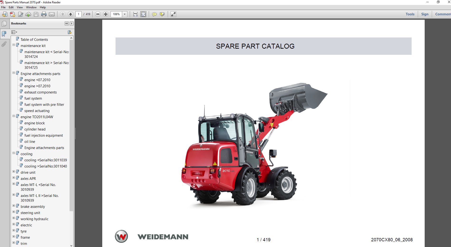 Comprehensive parts manual for the Wacker Neuson Weidemann 2070 CX80 Wheel Loader, including diagrams and specifications