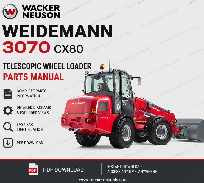 Wacker Neuson Weidemann 3070 CX80 telescopic wheel loader parts manual, providing essential information on parts and maintenance