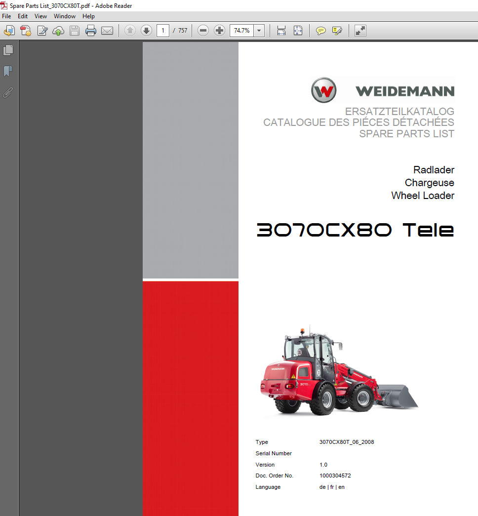 Parts manual for Wacker Neuson Weidemann 3070 CX80 telescopic wheel loader, detailing components and assembly instructions