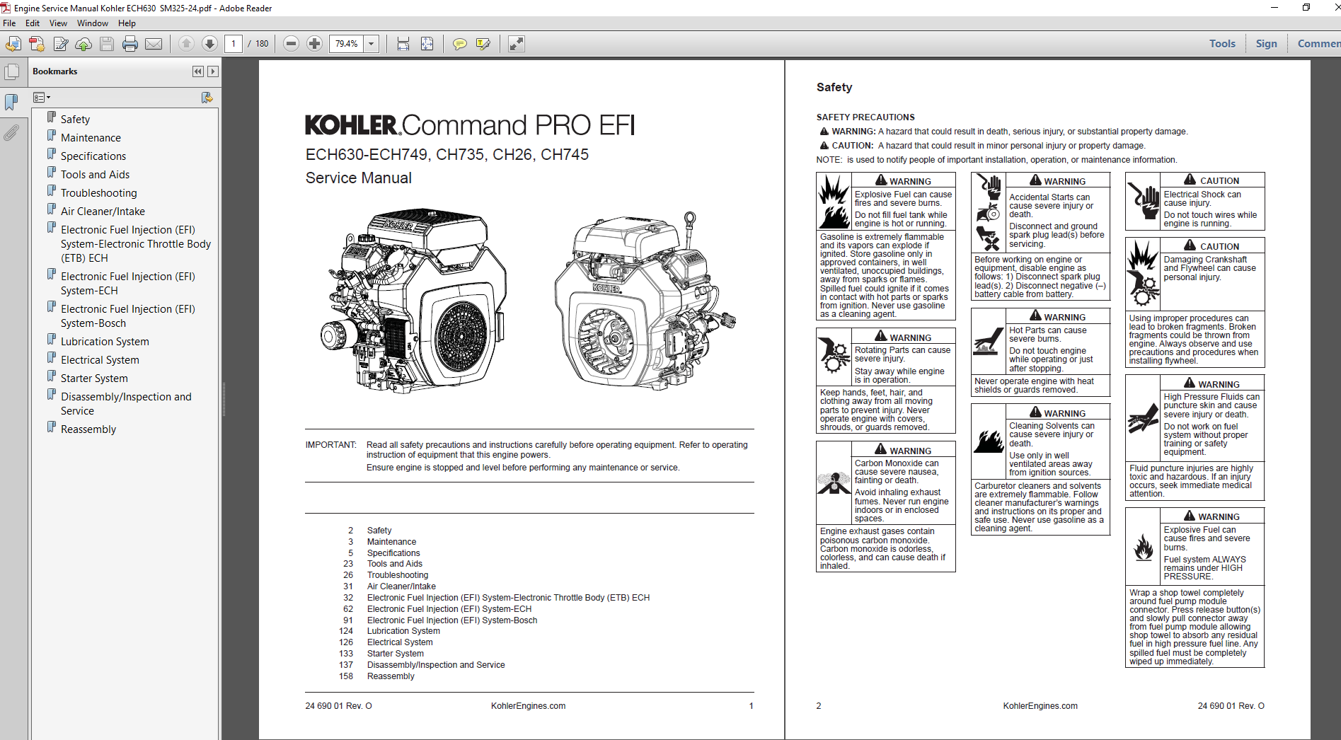 Kohler CH745 Engine Service Repair Manual cover featuring technical illustrations and detailed service instructions
