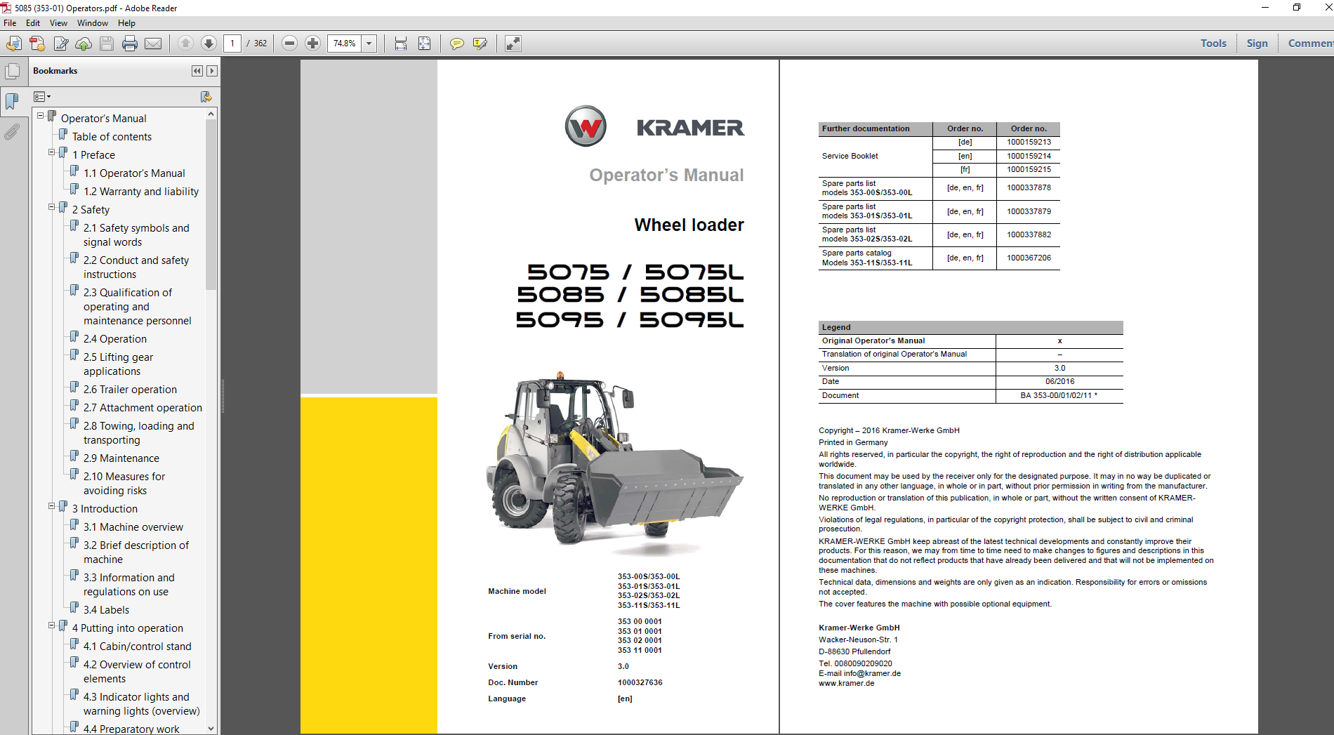 Wacker Neuson Kramer wheel loader operator's manual covering models 5075, 5075L, 5085, 5085L, 5095, and 5095L