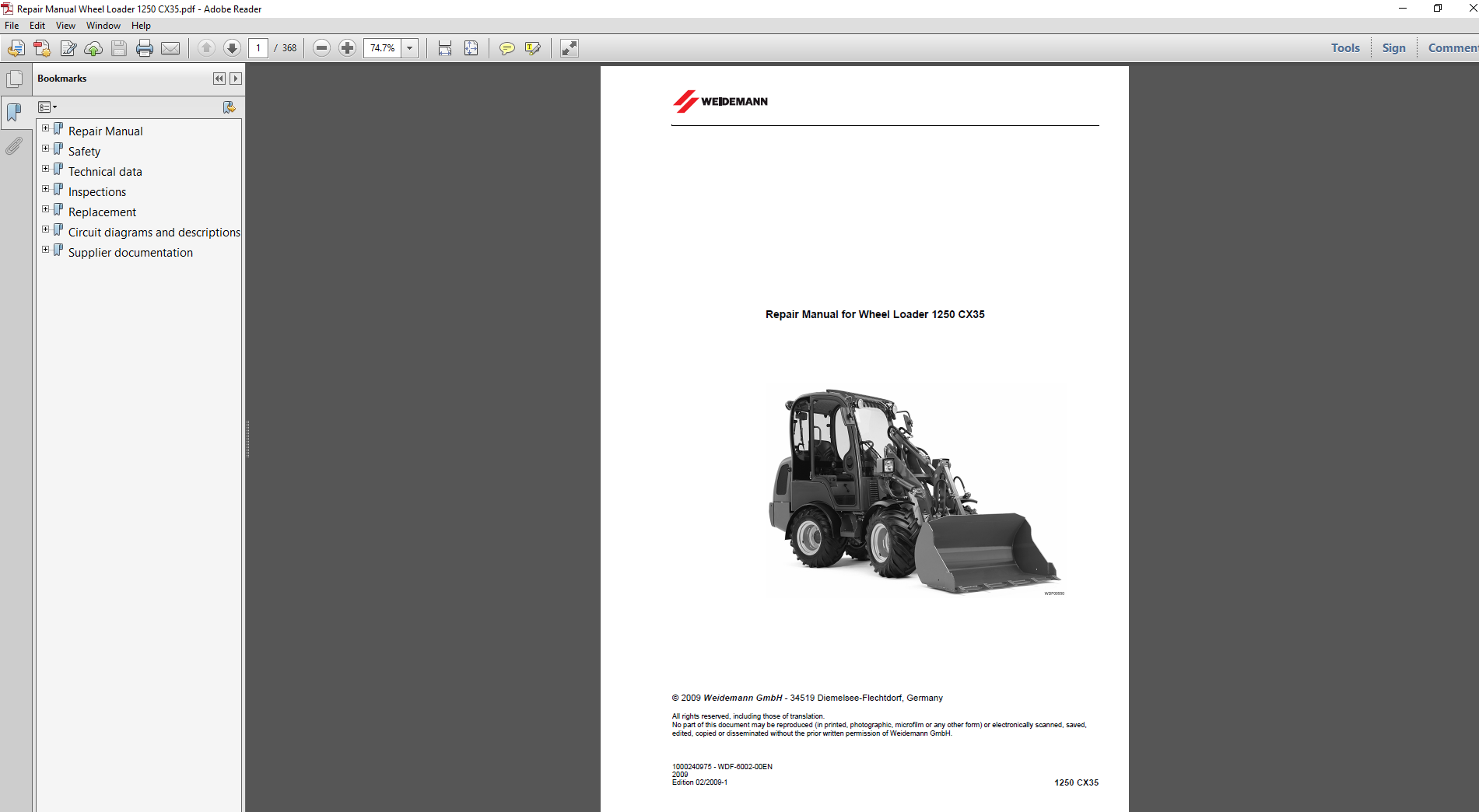 Wacker Neuson 1250 CX35 Weidemann Wheel Loader service repair manual cover featuring the loader and technical details