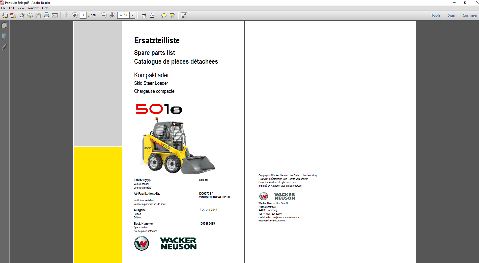Wacker Neuson 501S Skid Steer Parts Manual cover featuring detailed diagrams and part specifications