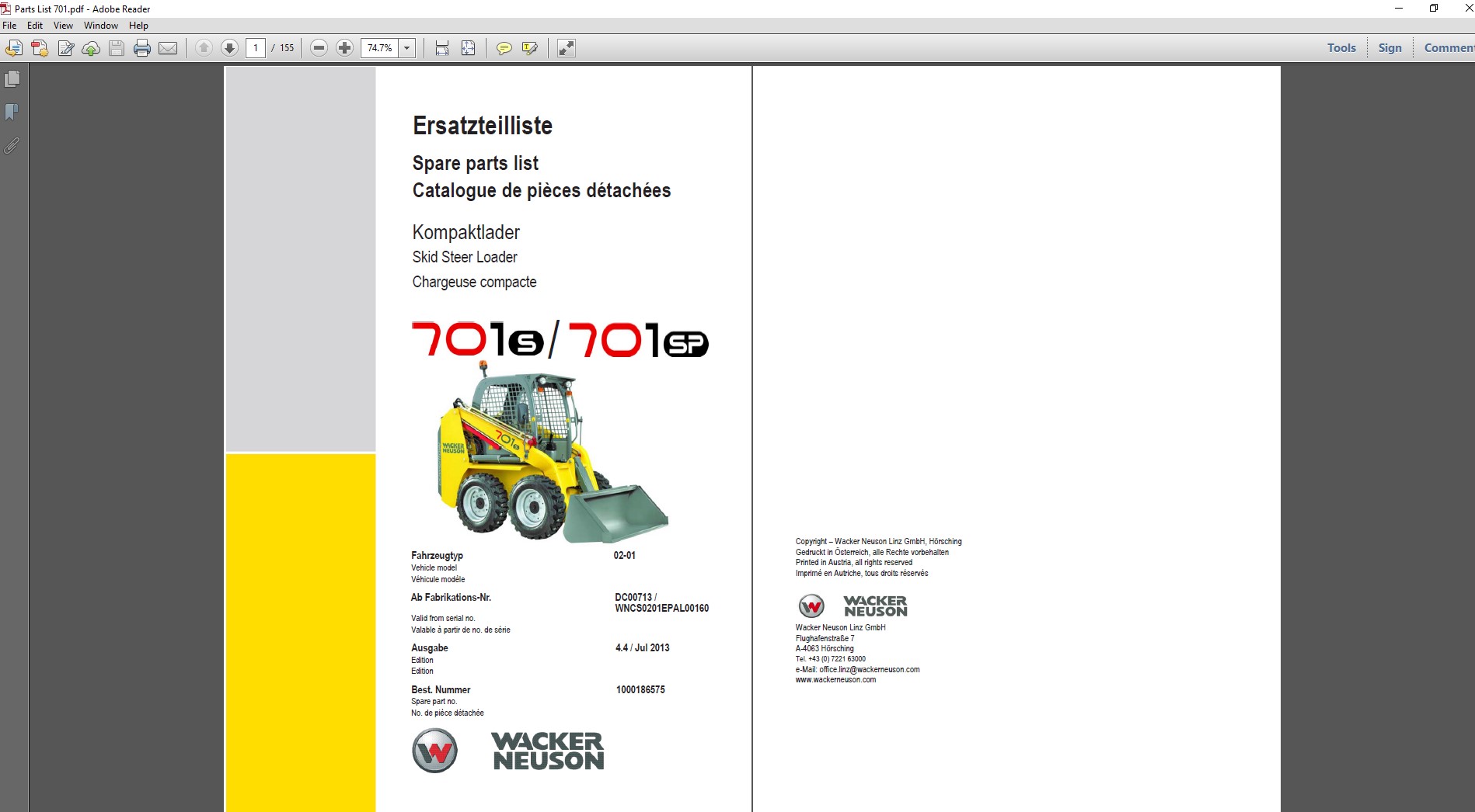 Wacker Neuson 701S Skid Steer Parts Manual cover featuring the model name and technical illustrations