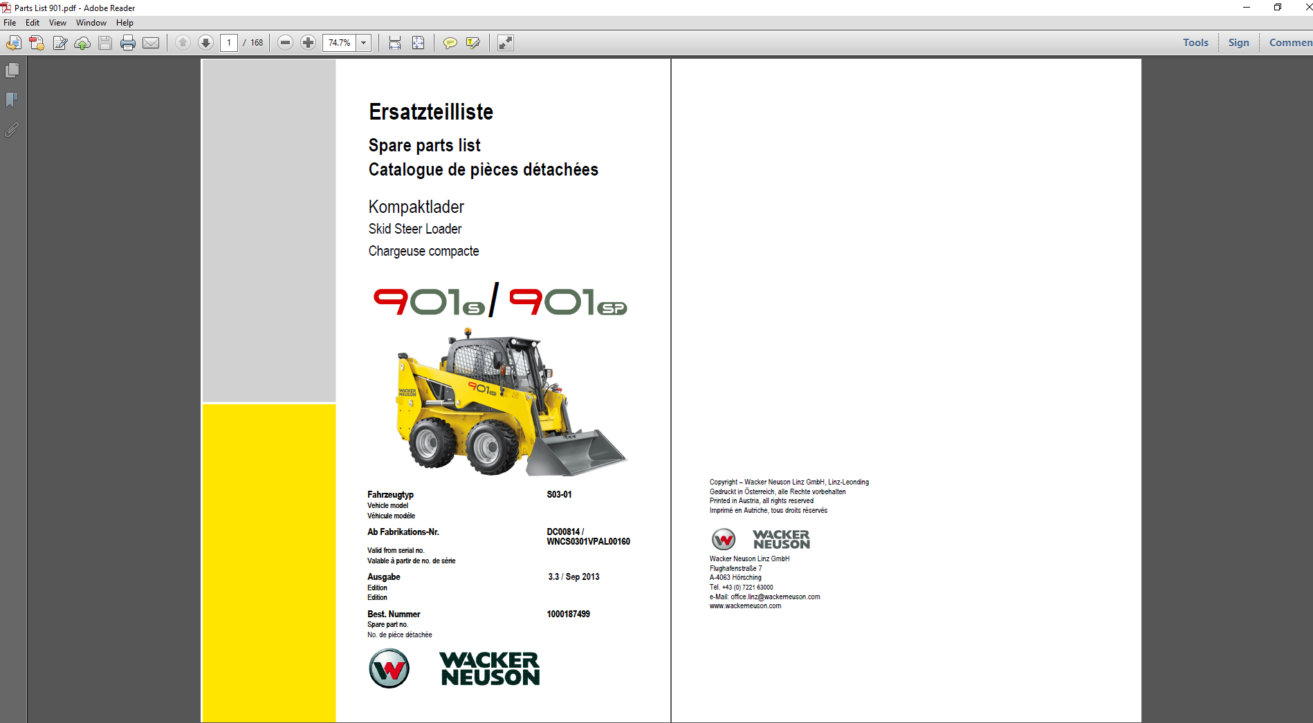 Wacker Neuson 901S Skid Steer Parts Manual, showcasing parts layout and specifications for efficient repairs