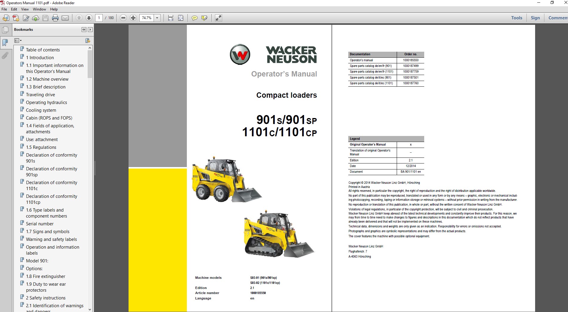 Operator's manual cover for Wacker Neuson models 901S, 901SP, 1101C, and 1101CP, featuring product images and specifications
