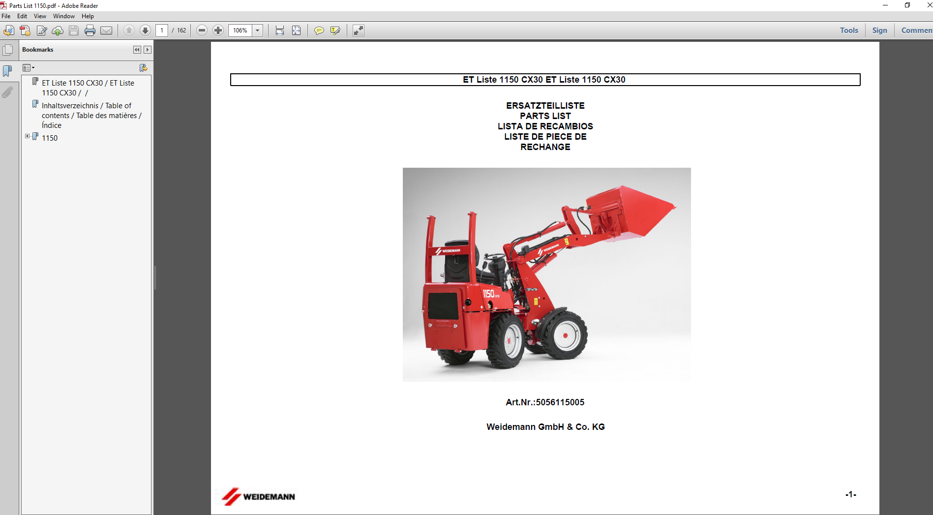 Comprehensive parts manual for the Wacker Neuson 1150 CX30 Weidemann Wheel Loader, including diagrams and specifications