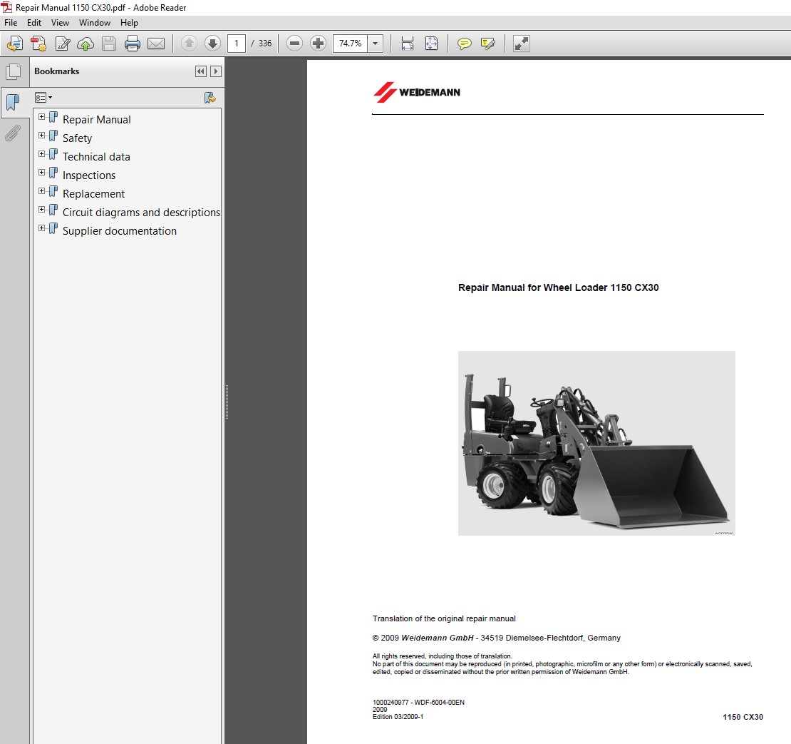 Cover of the Wacker Neuson 1150 CX30 Weidemann Wheel Loader Service Repair Manual, displaying the loader and key specifications