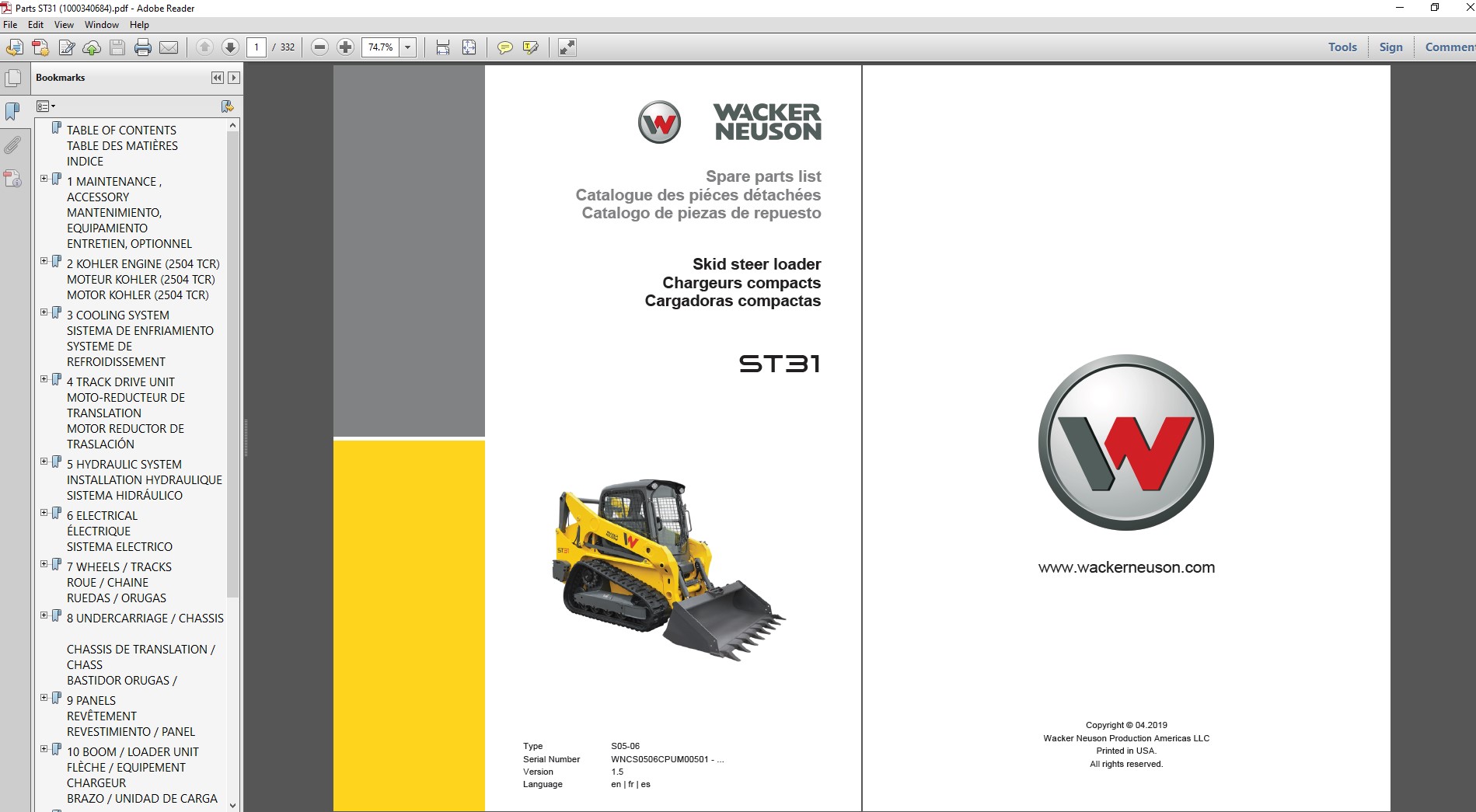 Wacker Neuson ST31 SkidSteer Parts Manual, showcasing detailed images and specifications for various components
