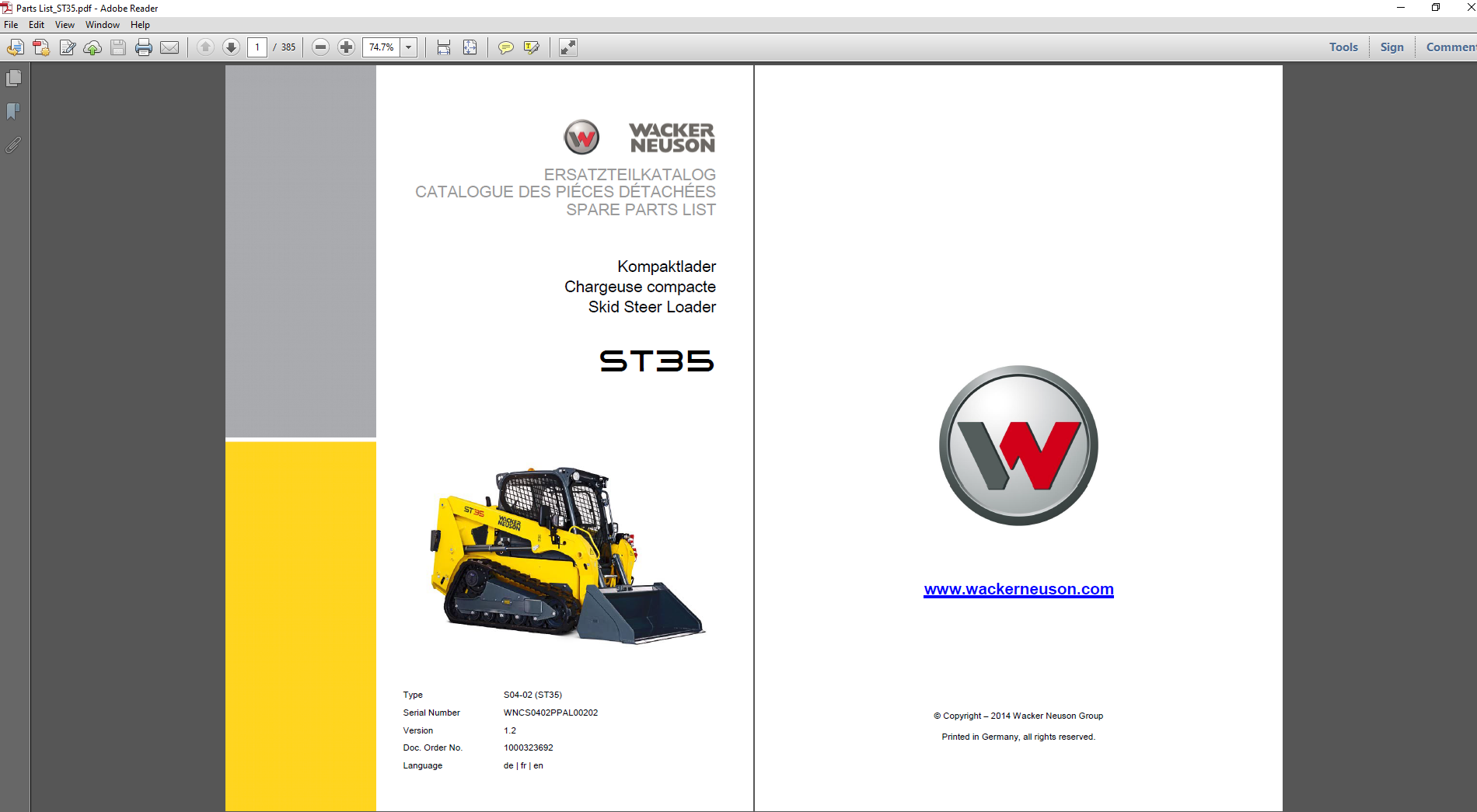Wacker Neuson ST35 Skid Steer Parts Manual, showcasing parts diagrams and specifications for efficient repairs