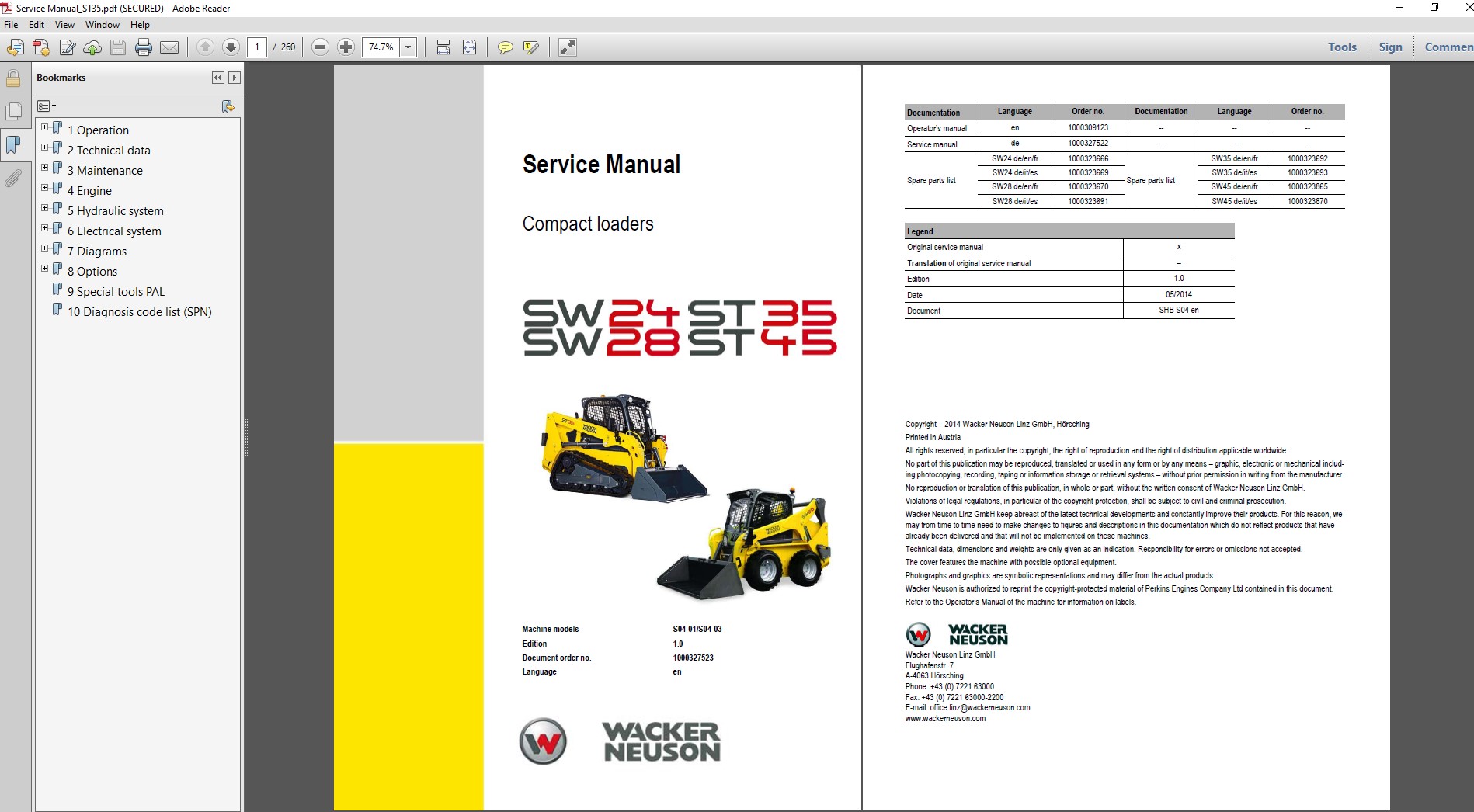 Cover of the Wacker Neuson ST45 SkidSteer service repair manual, showcasing the model and key repair information