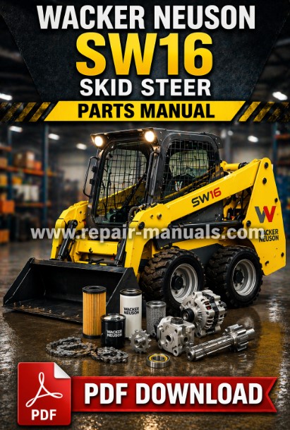 Wacker Neuson SW16 Skid Steer Parts Manual cover featuring detailed diagrams and parts listings for maintenance and repairs