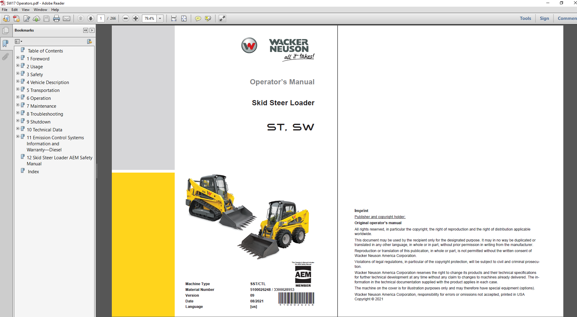 Wacker Neuson SW17 Skid Steer Operator's Manual, showcasing essential operational and safety guidelines for users