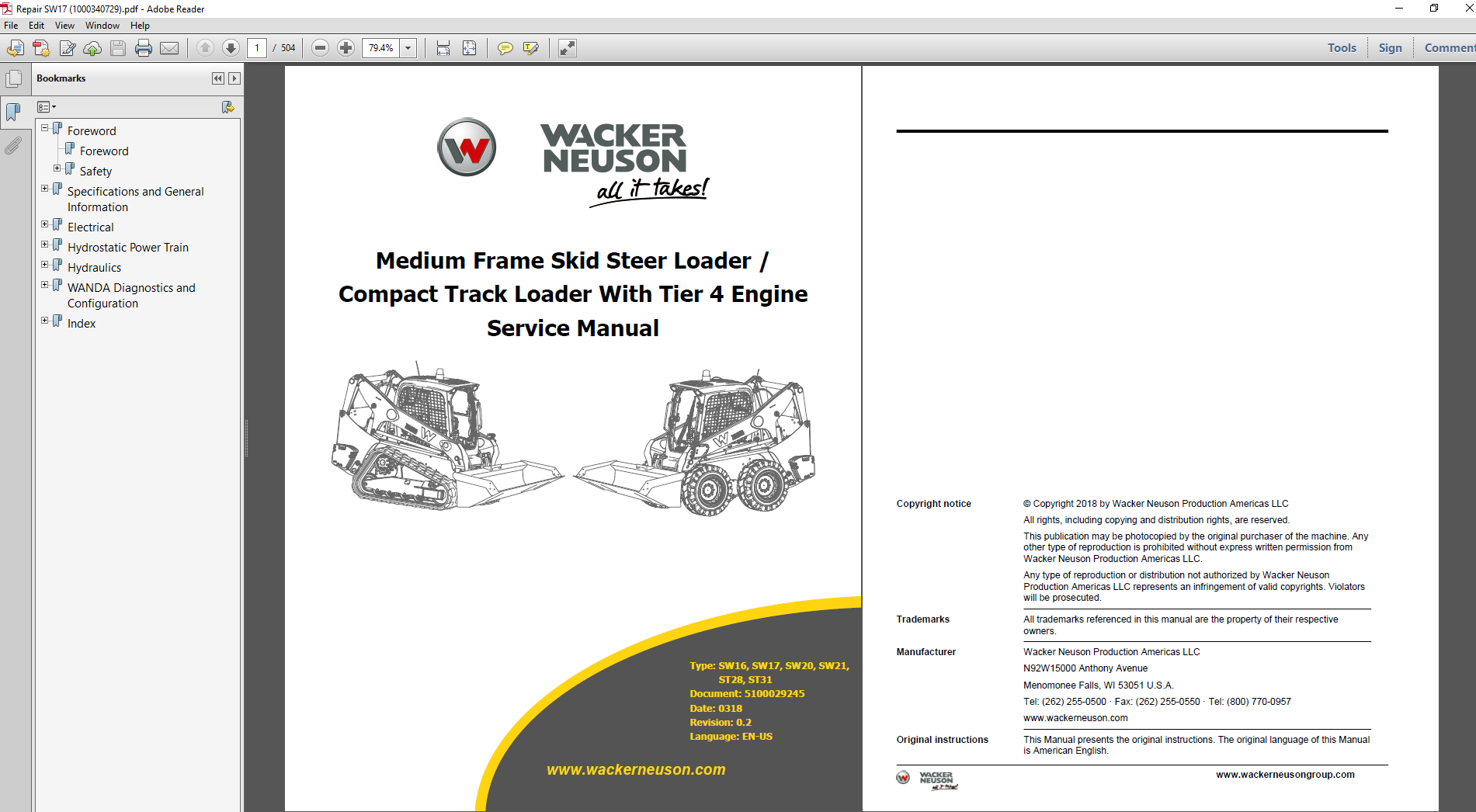 Wacker Neuson SW17 Skid Steer Service Repair Manual, displaying the model name and essential service details