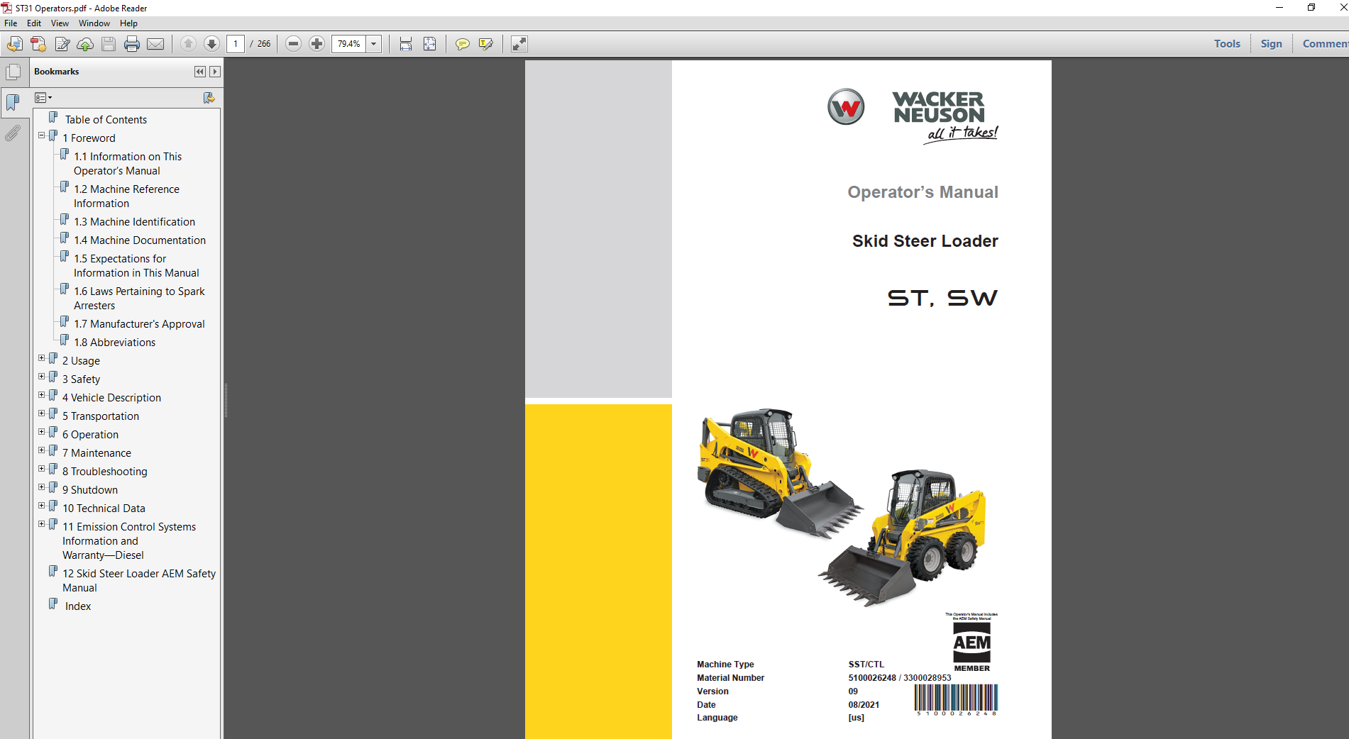 Operator's Manual for Wacker Neuson SW32 SkidSteer, displaying the model and an illustration of the equipment