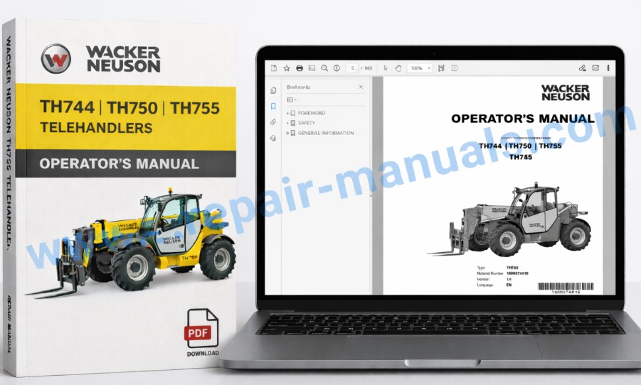 Operator's Manual for Wacker Neuson TH744, TH750, TH755 Telehandlers, displaying model details and operational guidelines