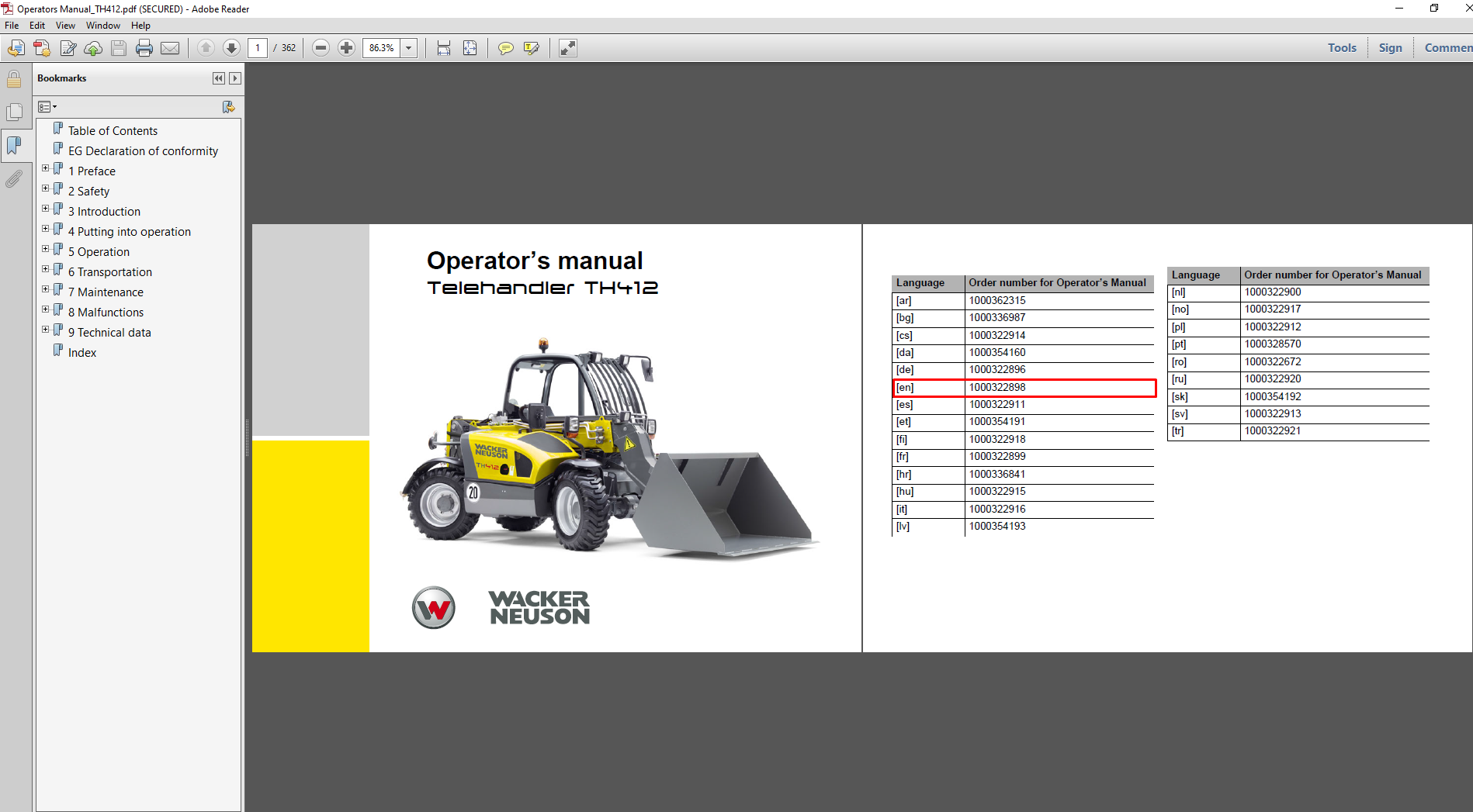 Wacker Neuson TH412 Telehandler Operator's Manual cover featuring the model and key operational guidelines