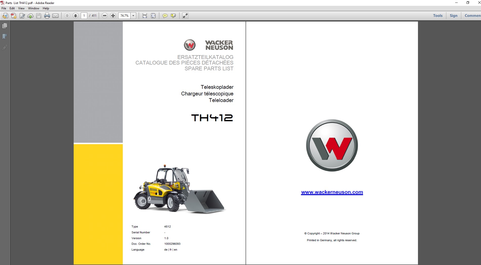 Wacker Neuson TH412 Telehandler Parts Manual, showcasing detailed parts diagrams and specifications for the telehandler