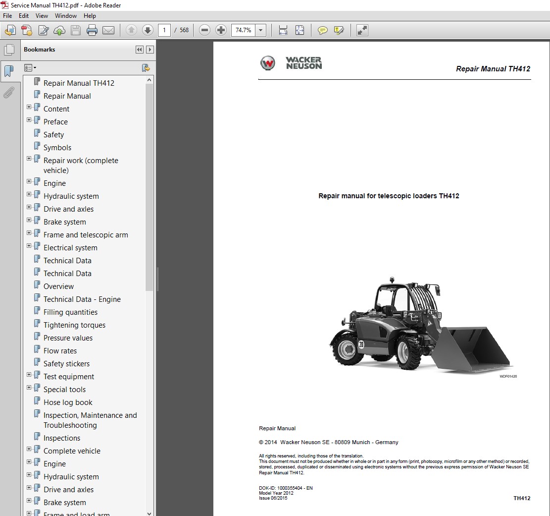 Wacker Neuson TH412 Telehandler Service Repair Manual, highlighting essential repair guidelines and technical specifications