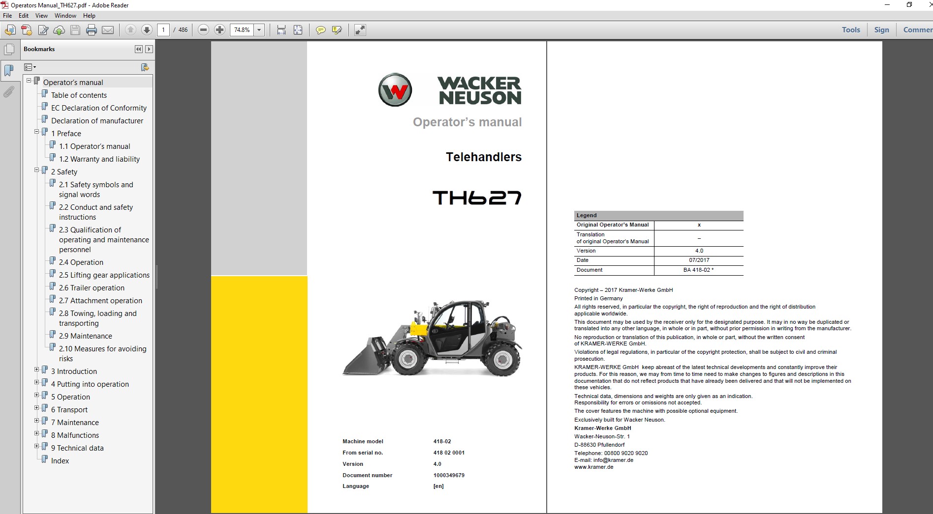 Wacker Neuson TH627 Telehandler Operator's Manual cover featuring the model name and operational guidelines