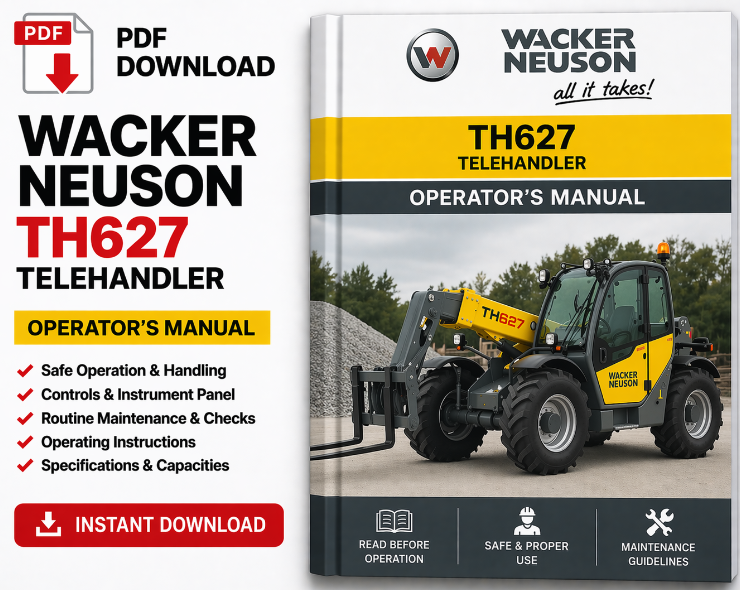 Wacker Neuson TH627 Telehandler Operator's Manual, showcasing the model title and key operational information for users