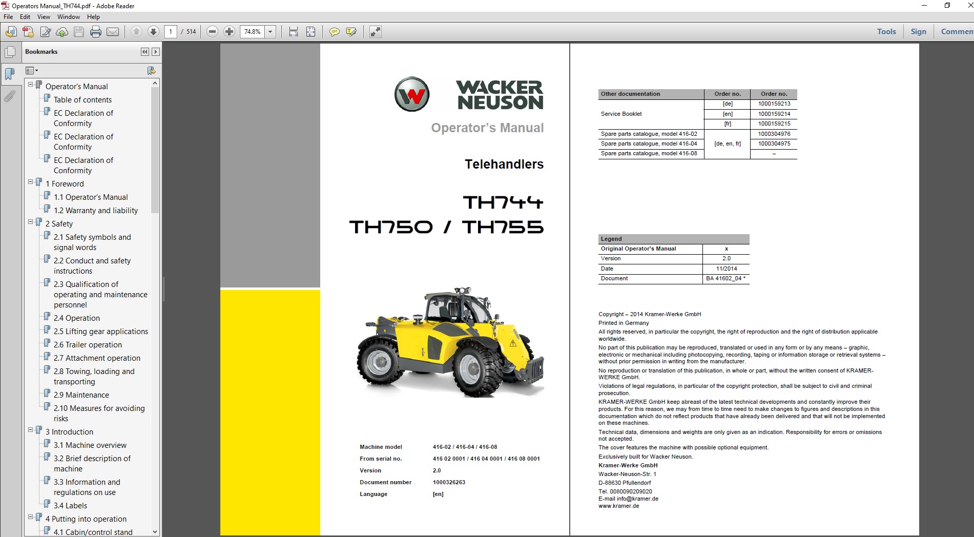 Wacker Neuson TH744, TH750, TH755 Telehandler Operator's Manual cover featuring the model names and a technical illustration