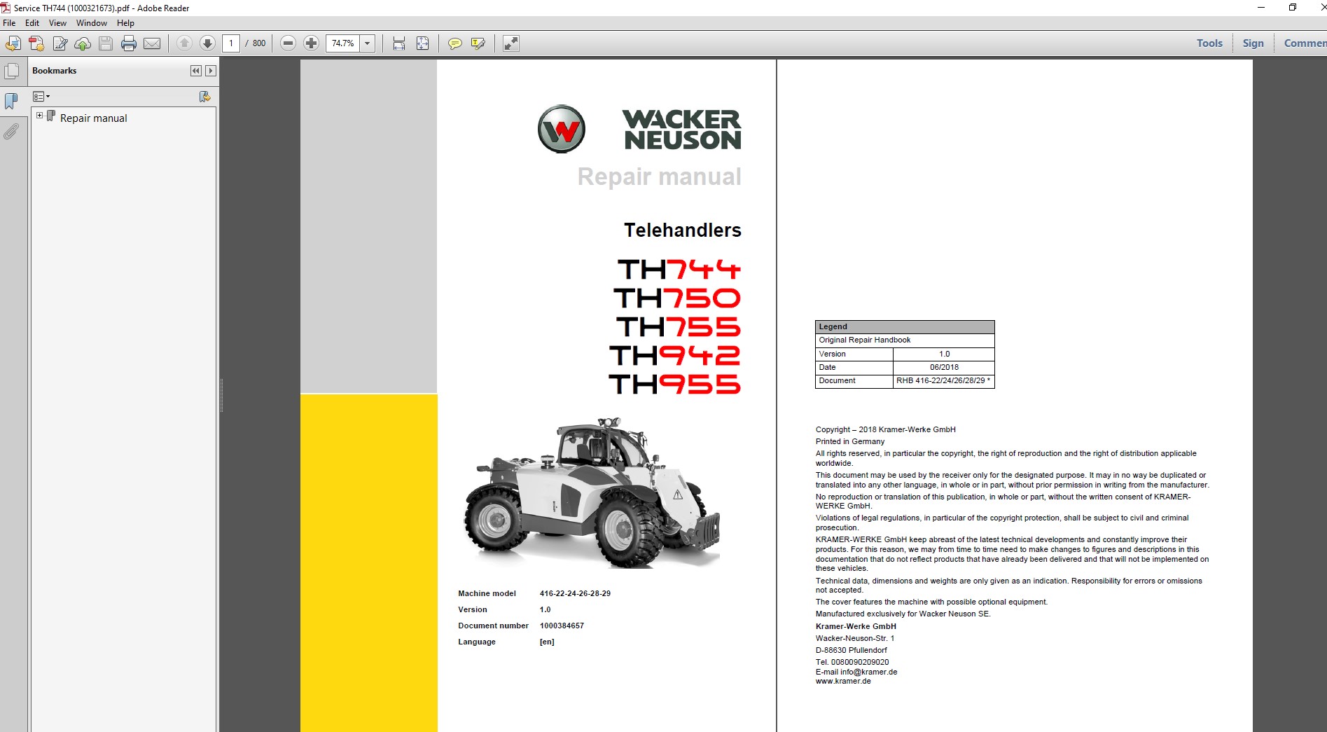 Wacker Neuson TH955 Telehandler Service Repair Manual cover featuring the model and technical illustrations
