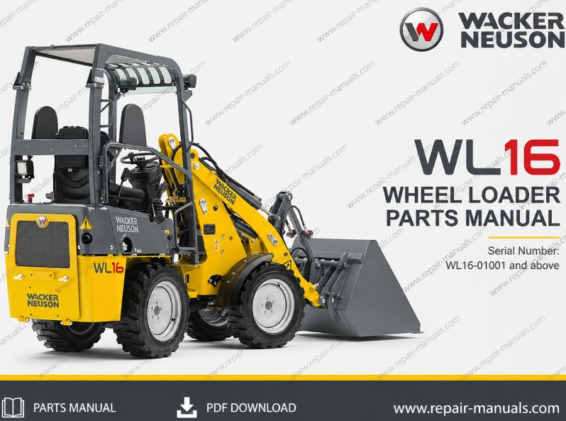 Parts manual for Wacker Neuson WL16 Wheel Loader, displaying detailed diagrams and component listings
