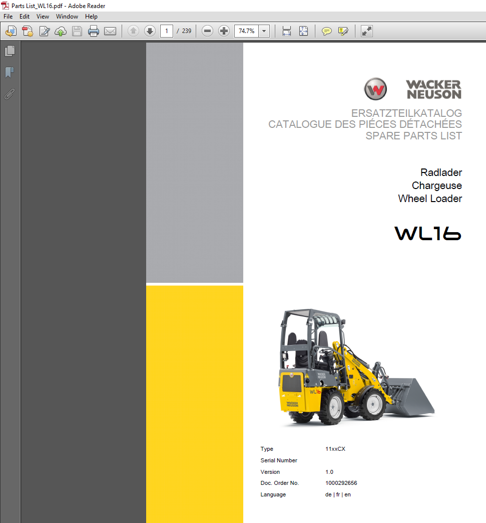 Wacker Neuson WL16 Wheel Loader Parts Manual, illustrating parts and assembly for maintenance and repair guidance