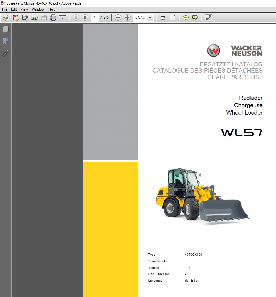 Wacker Neuson WL57 Wheel Loader Parts Manual, showcasing detailed illustrations and specifications for loader components