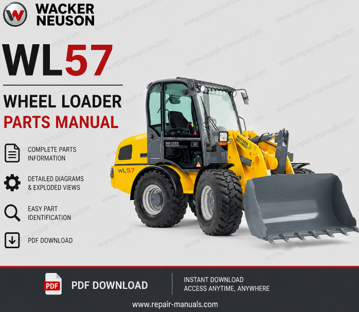 Parts manual for Wacker Neuson WL57 Wheel Loader, displaying diagrams and part numbers for maintenance and repairs