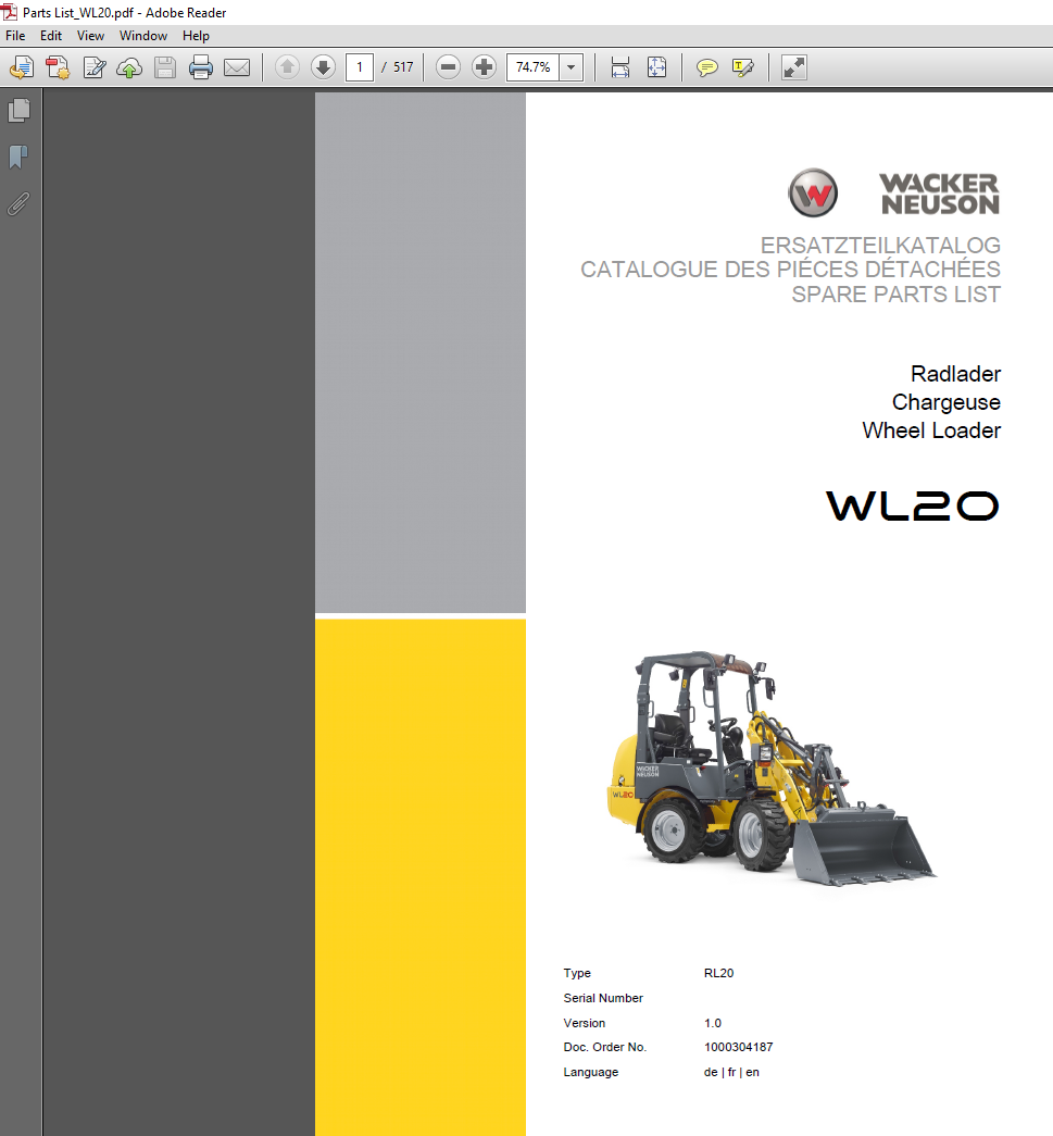 Wacker Neuson WL20 Wheel Loader Parts Manual cover featuring the loader and parts diagram for reference
