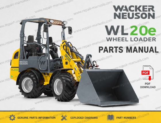 Parts manual for Wacker Neuson WL20e Wheel Loader, showcasing diagrams and components for maintenance and repair