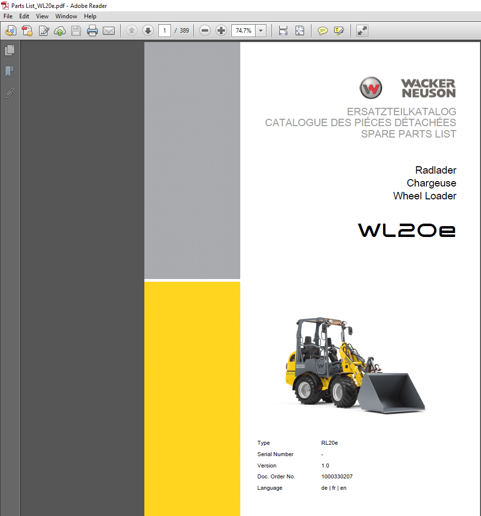Wacker Neuson WL20e Wheel Loader Parts Manual cover featuring the loader and detailed parts illustration